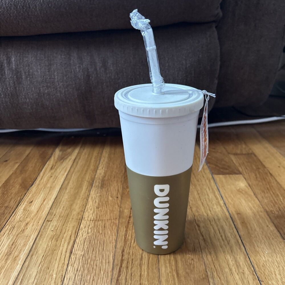 Dunkin Donuts Soft Touch Acrylic Tumbler White & Gold 24oz w/ Lid Straw